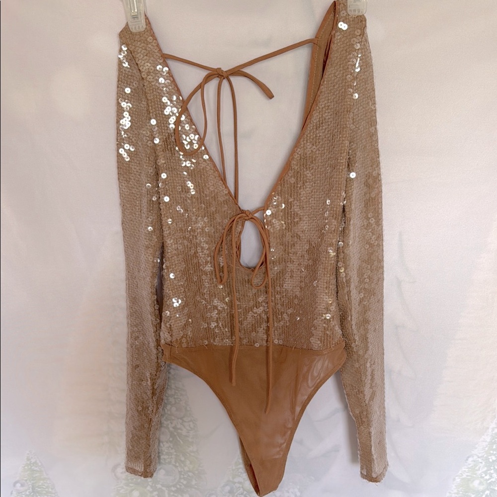 Bardot Gold Sequin Bodysuit with Tie Front